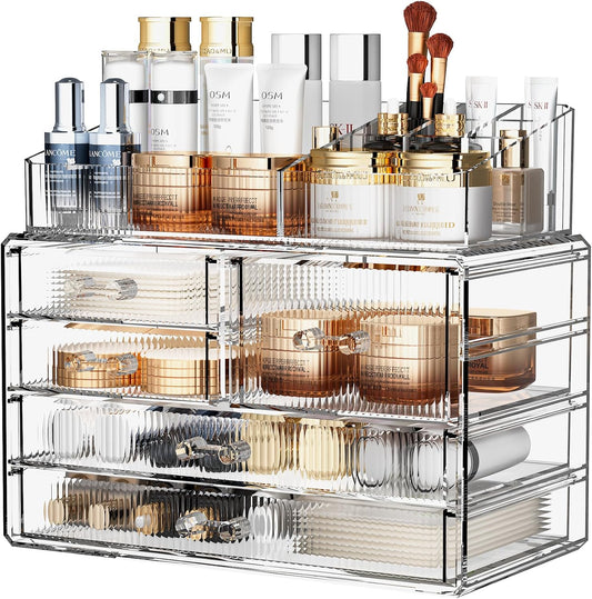 ZHIAI Stackable Storage Drawers, Acrylic Bathroom Counter Organizer Clear Makeup Organizers for Vanity, Kitchen Cabinets, Bathroom, Undersink, Home Organization and Storage (2Top 3 Drawers,)