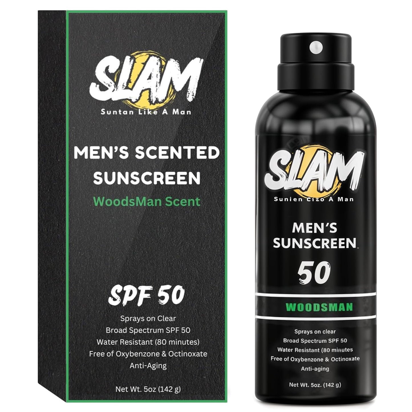 SLAM WoodsMan Men's Scented Sunscreen Spray SPF 50 – Broad Spectrum Sun Screen for Face & Body, Waterproof & Sweat Resistant Spray Sunscreen SPF 50, UVA/UVB Protection, Mens Sunblock