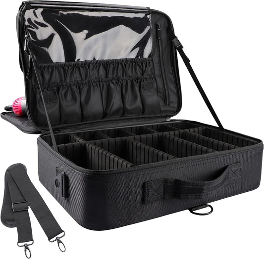 JOURMON Travel Makeup Case Portable Makeup Train Case Organizer Cosmetic Bag with Adjustable Dividers and Shoulder Strap for Makeup Brushes Toiletry Travel Accessories(Pure Black, L)