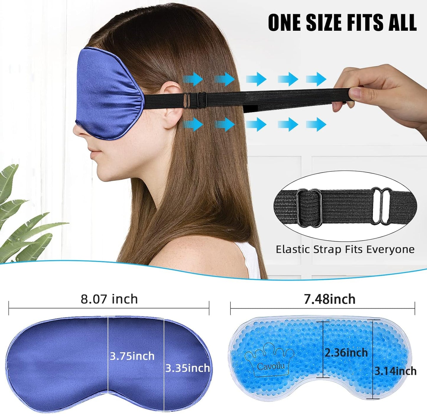 Cooling Sleep Mask w/Gel Eye Mask, Silk Eye Mask for Sleeping, Heated Eye Masks, Blindfold Eye Cover Sleeping Mask for Home Office Travel, Gifts for Men Women, Stocking Stuffers (Blue)