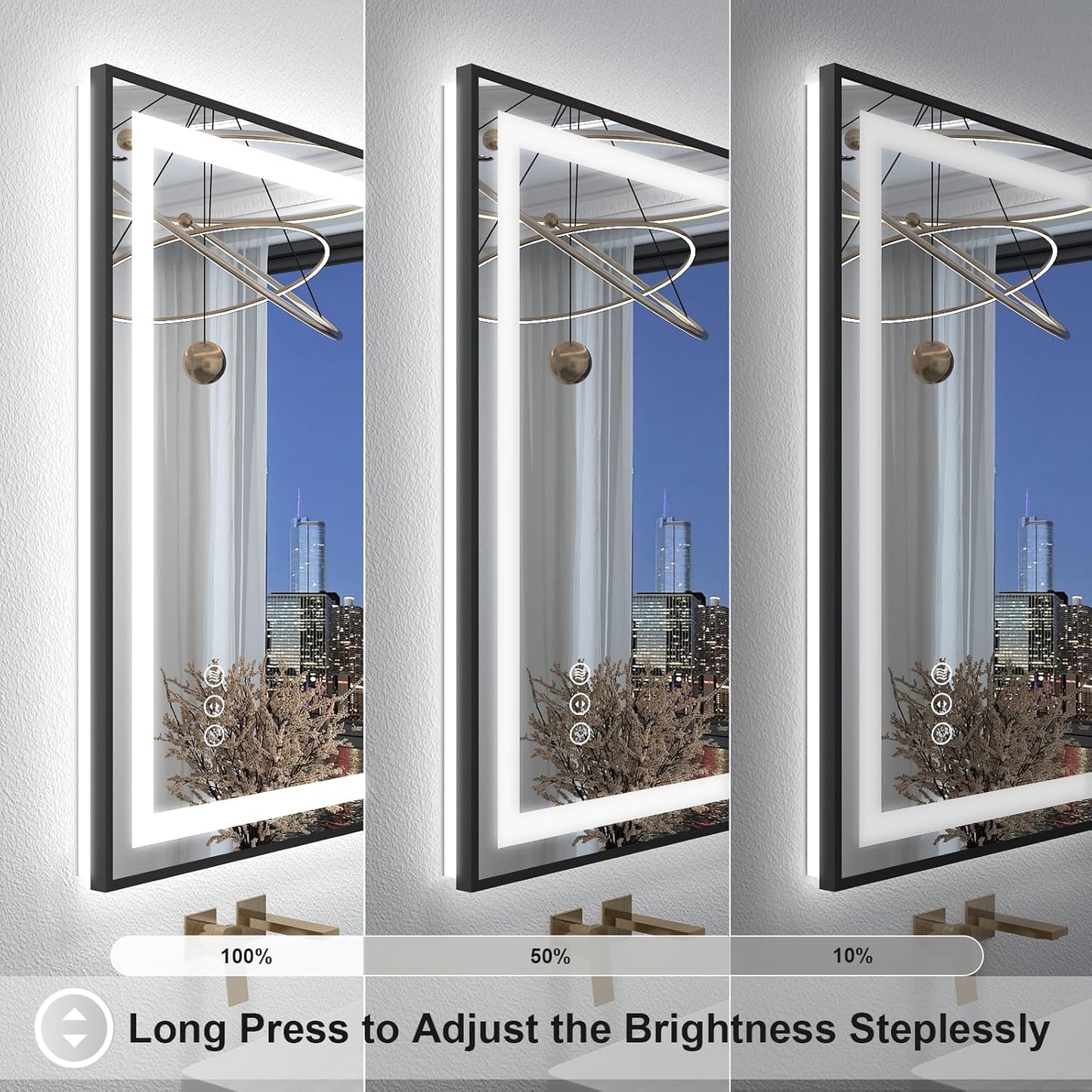 OKPAL 66x40 LED Bathroom Mirror with Lights, Frontlit & Backlit Lighted Bathroom Mirror, Black Lighted Vanity Mirror, Anti-Fog, Dimmable 3 Colors, Shatterproof, Horizontal/Vertical