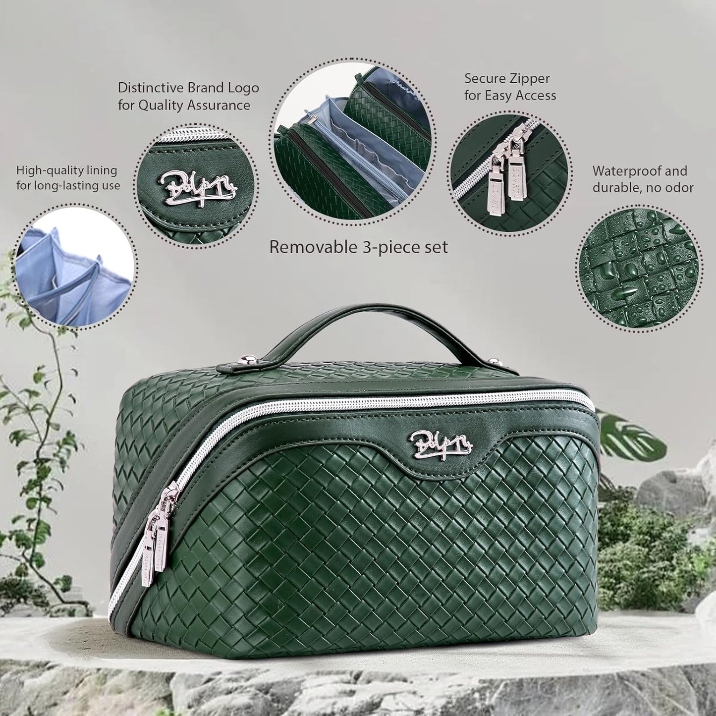 BOYATU Travel Makeup Bag Cosmetic Bags for Women: Large Capacity 3 Pcs Set Make up Bag with Compartments - Waterproof Vegan Leather Toiletry Organizer Bags with Handle - Travel Essentials(L06 Olive)