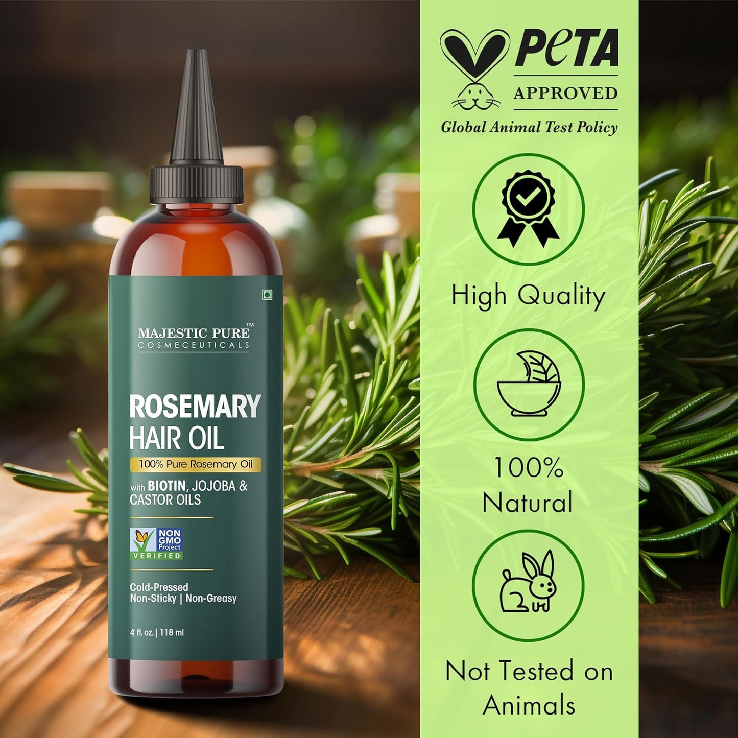 Majestic Pure 100% Pure Rosemary Oil for Hair Growth - Strengthening, Nourishing, Volumizing - Infused with Biotin Oil, Jojoba Oil & Castor Oil - Non GMO Verified - 4 Fl Oz - With Applicator