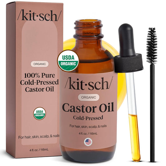 Kitsch Organic Castor Oil for Hair Growth - 100% Pure Castor Oil, Organic Cold Pressed Unrefined Glass Bottle for Face, Skin, Lashes, Brows, Scalp, Nails & Belly Button - Hexane Free, USDA - 4 oz
