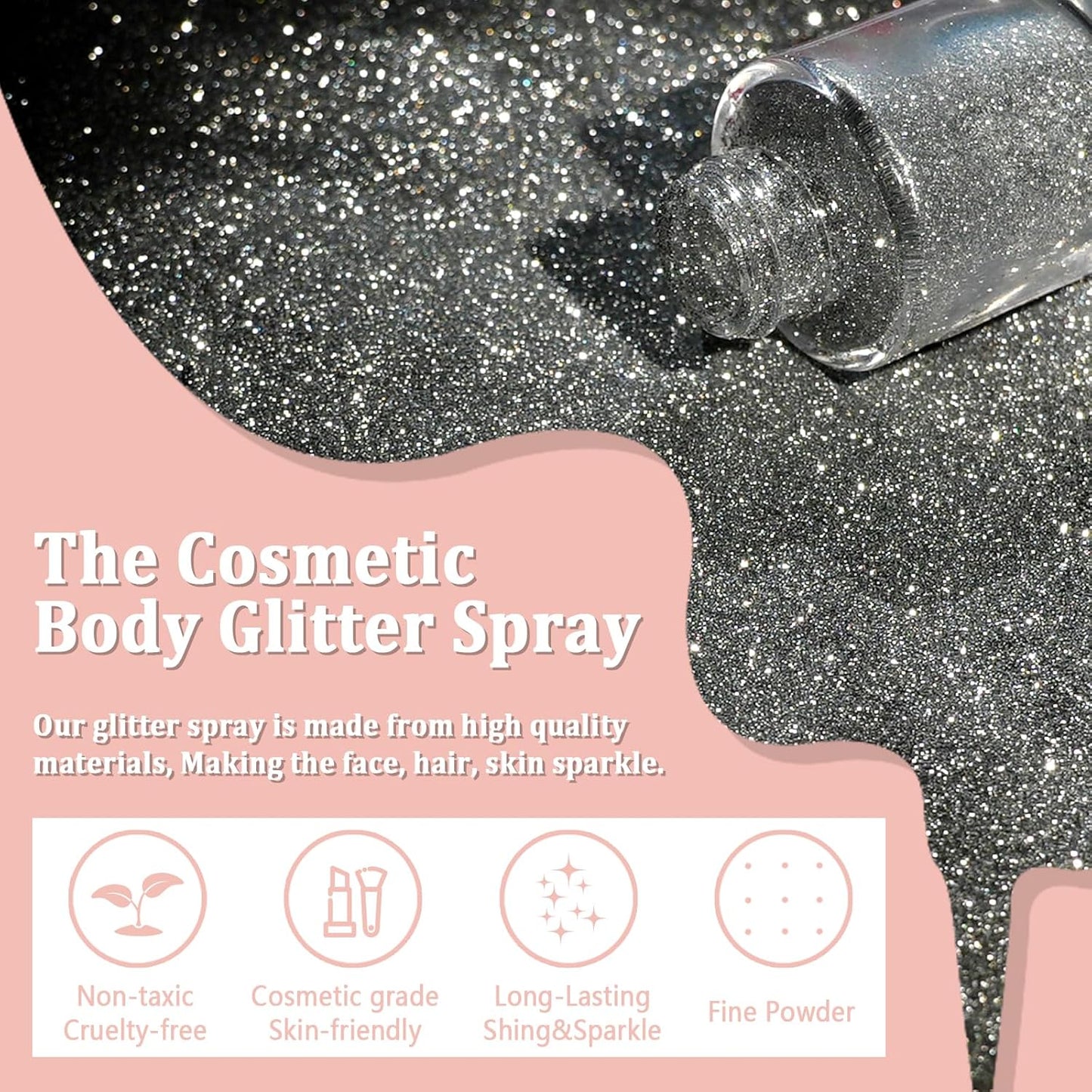 Boko Body Glitter Spray, Silver Glitter Spray for Sparkling Body Face Hair Nail Clothes, Hair Glitter Spray Body Shimmer Powder for Highlighter Makeup Festival Concert Party Rave Accessories