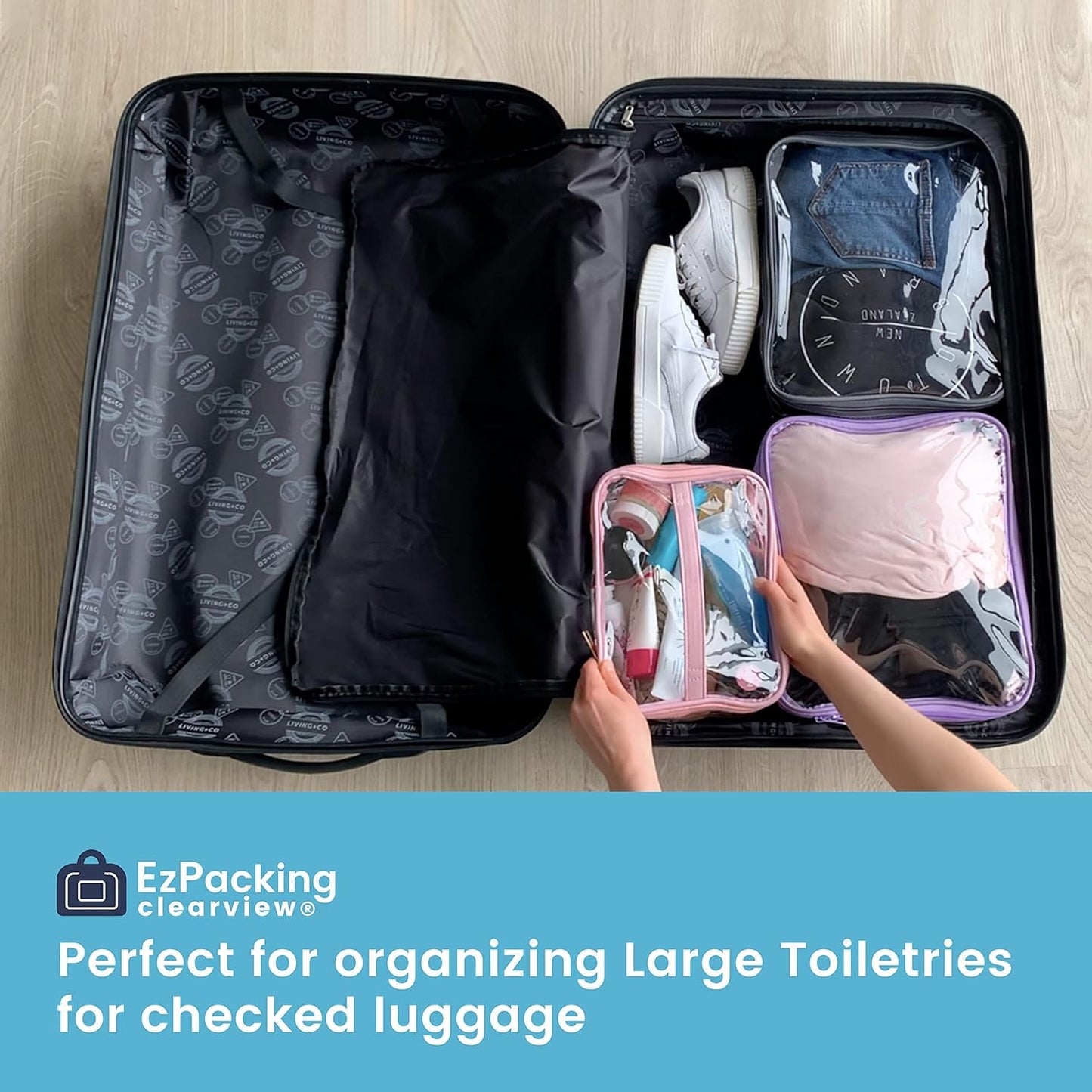 Large Cosmetic Bag for Women / Clear, See-Through Makeup, Hair & Nail Accessories Pouch for Travel or Home / Transparent PVC Plastic Organizer, Spacious Interior, Handle & Double Zippers (Blush)