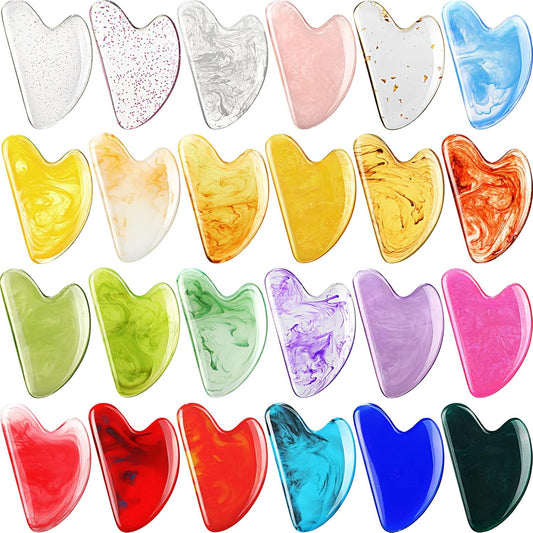 Sherr 24 Pcs Gua Sha Facial Tool Resin Gua Sha Massage Tool Heart Shaped Gua Sha Stone Guasha Board for Face Body Skin Massage Spa Acupuncture Prevent Wrinkles (Multi Colors)